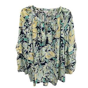 Crown & Ivy Women's‎ 3X Curvy Long Sleeve Floral Blouse Peplum Hem Tasseled